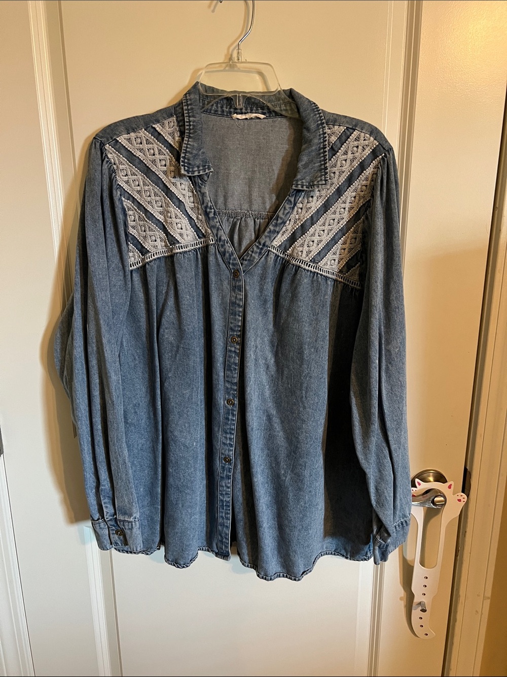 Maurices Blue Denim Button-Front Shirt with White Lace Yoke